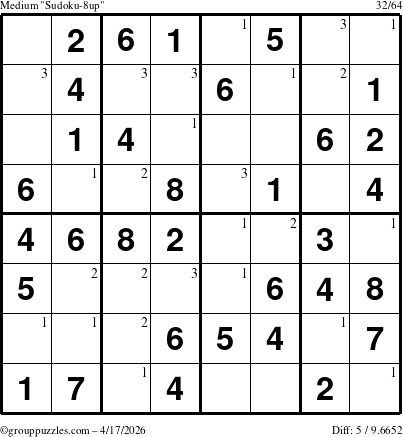 The grouppuzzles.com Medium Sudoku-8up puzzle for Friday April 17, 2026 with the first 3 steps marked