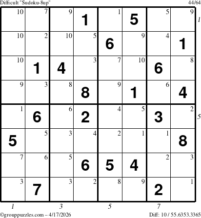 The grouppuzzles.com Difficult Sudoku-8up puzzle for Friday April 17, 2026, suitable for printing, with all 10 steps marked