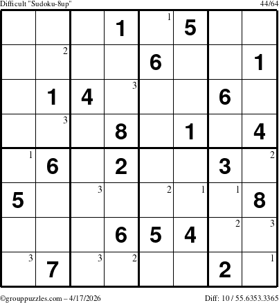 The grouppuzzles.com Difficult Sudoku-8up puzzle for Friday April 17, 2026 with the first 3 steps marked