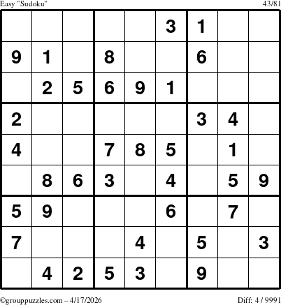 The grouppuzzles.com Easy Sudoku puzzle for Friday April 17, 2026