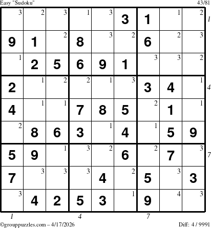 The grouppuzzles.com Easy Sudoku puzzle for Friday April 17, 2026 with all 4 steps marked