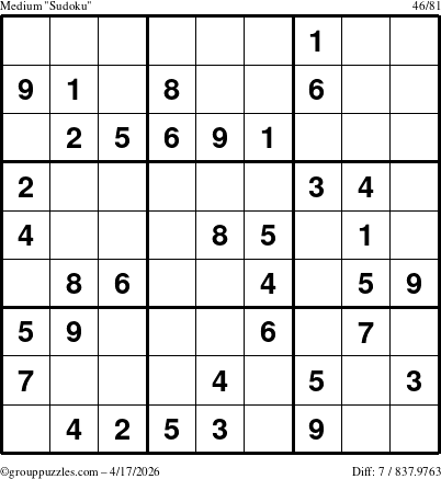 The grouppuzzles.com Medium Sudoku puzzle for Friday April 17, 2026