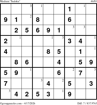 The grouppuzzles.com Medium Sudoku puzzle for Friday April 17, 2026 with the first 3 steps marked