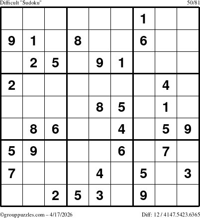 The grouppuzzles.com Difficult Sudoku puzzle for Friday April 17, 2026