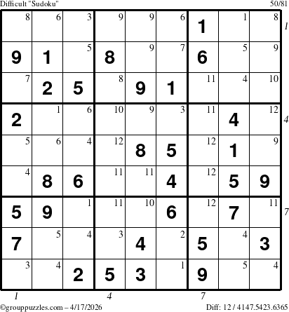 The grouppuzzles.com Difficult Sudoku puzzle for Friday April 17, 2026 with all 12 steps marked