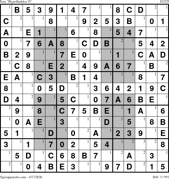 The grouppuzzles.com Easy HyperSudoku-15 puzzle for Friday April 17, 2026 with the first 3 steps marked