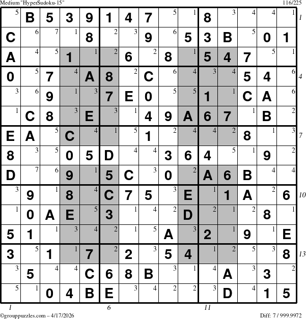 The grouppuzzles.com Medium HyperSudoku-15 puzzle for Friday April 17, 2026, suitable for printing, with all 7 steps marked