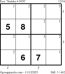 The grouppuzzles.com Easy Sudoku-4-5678 puzzle for Wednesday November 12, 2025 with all 3 steps marked