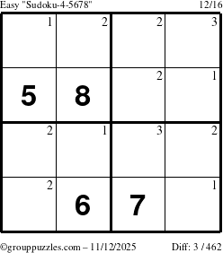 The grouppuzzles.com Easy Sudoku-4-5678 puzzle for Wednesday November 12, 2025 with the first 3 steps marked