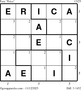 The grouppuzzles.com Easy Erica puzzle for Wednesday November 12, 2025, suitable for printing, with all 3 steps marked