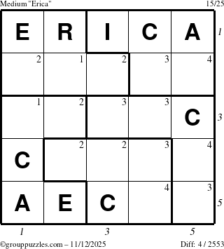 The grouppuzzles.com Medium Erica puzzle for Wednesday November 12, 2025, suitable for printing, with all 4 steps marked