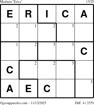 The grouppuzzles.com Medium Erica puzzle for Wednesday November 12, 2025 with the first 3 steps marked