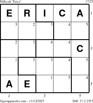The grouppuzzles.com Difficult Erica puzzle for Wednesday November 12, 2025, suitable for printing, with all 5 steps marked