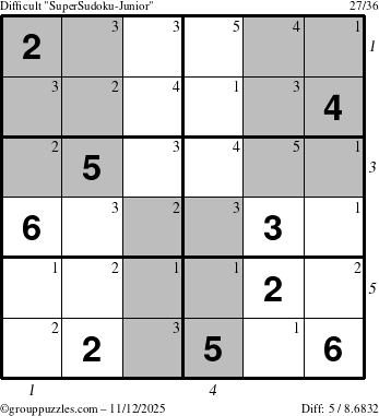 The grouppuzzles.com Difficult SuperSudoku-Junior puzzle for Wednesday November 12, 2025, suitable for printing, with all 5 steps marked