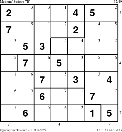 The grouppuzzles.com Medium Sudoku-7B puzzle for Wednesday November 12, 2025, suitable for printing, with all 7 steps marked