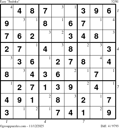 The grouppuzzles.com Easy Sudoku puzzle for Wednesday November 12, 2025 with all 4 steps marked