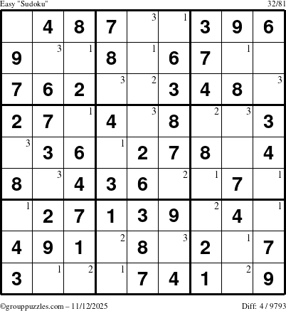 The grouppuzzles.com Easy Sudoku puzzle for Wednesday November 12, 2025 with the first 3 steps marked