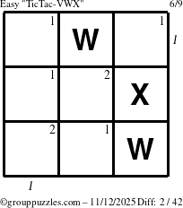 The grouppuzzles.com Easy TicTac-VWX puzzle for Wednesday November 12, 2025 with all 2 steps marked