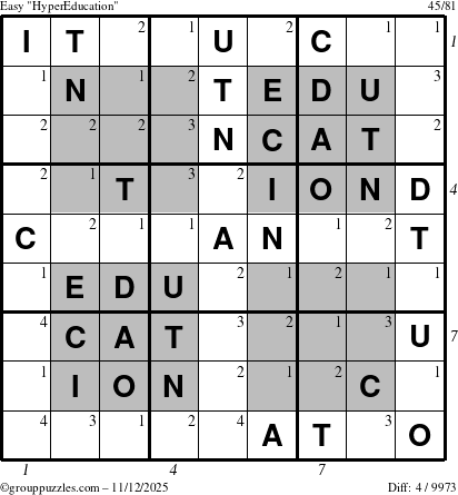 The grouppuzzles.com Easy HyperEducation-i23 puzzle for Wednesday November 12, 2025 with all 4 steps marked