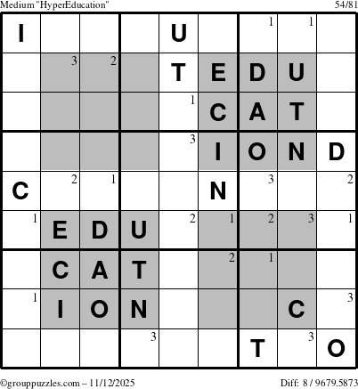 The grouppuzzles.com Medium HyperEducation-i23 puzzle for Wednesday November 12, 2025 with the first 3 steps marked