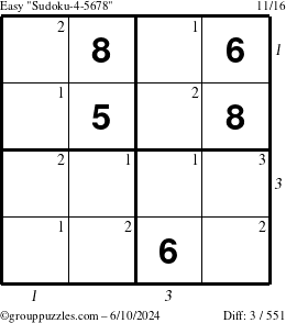 The grouppuzzles.com Easy Sudoku-4-5678 puzzle for Monday June 10, 2024, suitable for printing, with all 3 steps marked