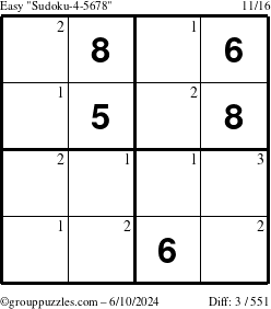 The grouppuzzles.com Easy Sudoku-4-5678 puzzle for Monday June 10, 2024 with the first 3 steps marked