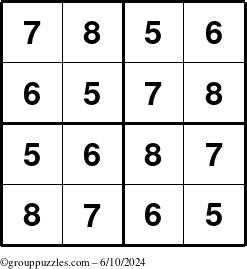 The grouppuzzles.com Answer grid for the Sudoku-4-5678 puzzle for Monday June 10, 2024