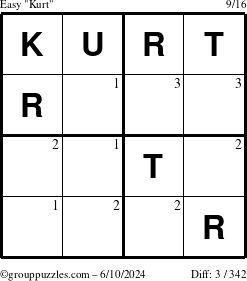 The grouppuzzles.com Easy Kurt puzzle for Monday June 10, 2024 with the first 3 steps marked