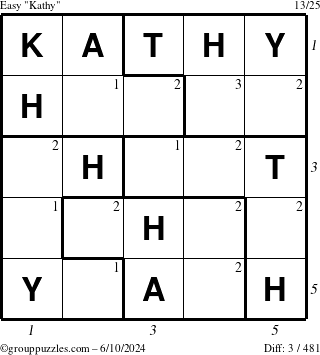 The grouppuzzles.com Easy Kathy puzzle for Monday June 10, 2024, suitable for printing, with all 3 steps marked