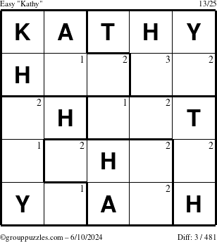 The grouppuzzles.com Easy Kathy puzzle for Monday June 10, 2024 with the first 3 steps marked