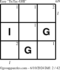 The grouppuzzles.com Easy TicTac-GHI puzzle for Monday June 10, 2024, suitable for printing, with all 2 steps marked