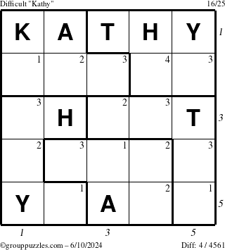 The grouppuzzles.com Difficult Kathy puzzle for Monday June 10, 2024, suitable for printing, with all 4 steps marked