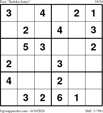 The grouppuzzles.com Easy Sudoku-Junior puzzle for Monday June 10, 2024