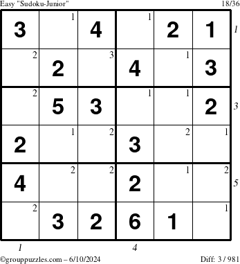 The grouppuzzles.com Easy Sudoku-Junior puzzle for Monday June 10, 2024 with all 3 steps marked