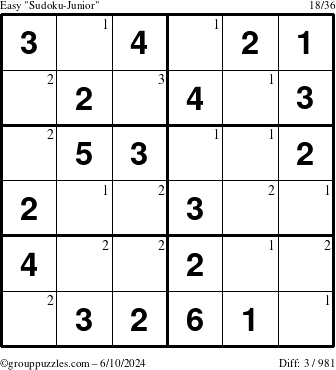 The grouppuzzles.com Easy Sudoku-Junior puzzle for Monday June 10, 2024 with the first 3 steps marked