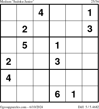 The grouppuzzles.com Medium Sudoku-Junior puzzle for Monday June 10, 2024