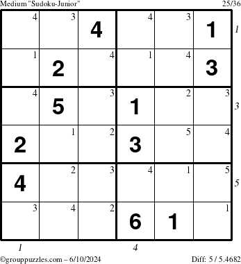 The grouppuzzles.com Medium Sudoku-Junior puzzle for Monday June 10, 2024 with all 5 steps marked