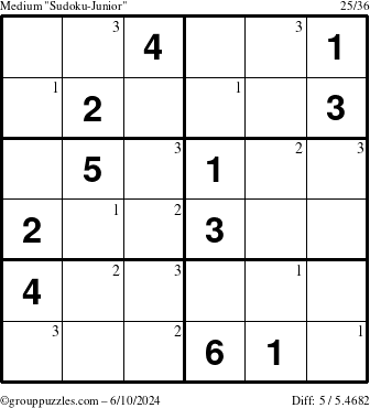 The grouppuzzles.com Medium Sudoku-Junior puzzle for Monday June 10, 2024 with the first 3 steps marked