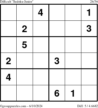 The grouppuzzles.com Difficult Sudoku-Junior puzzle for Monday June 10, 2024