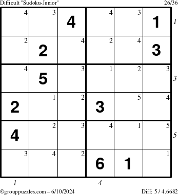 The grouppuzzles.com Difficult Sudoku-Junior puzzle for Monday June 10, 2024, suitable for printing, with all 5 steps marked