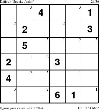 The grouppuzzles.com Difficult Sudoku-Junior puzzle for Monday June 10, 2024 with the first 3 steps marked