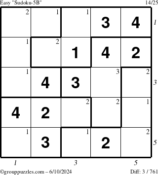 The grouppuzzles.com Easy Sudoku-5B puzzle for Monday June 10, 2024 with all 3 steps marked