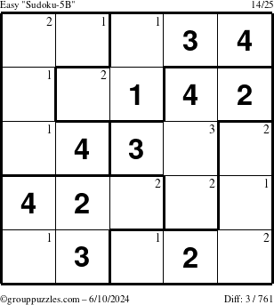 The grouppuzzles.com Easy Sudoku-5B puzzle for Monday June 10, 2024 with the first 3 steps marked