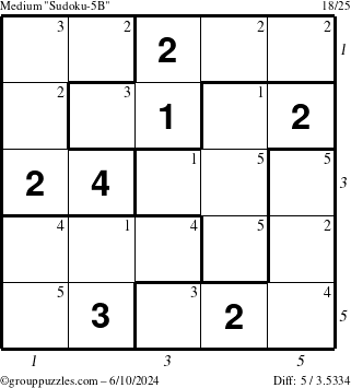 The grouppuzzles.com Medium Sudoku-5B puzzle for Monday June 10, 2024, suitable for printing, with all 5 steps marked