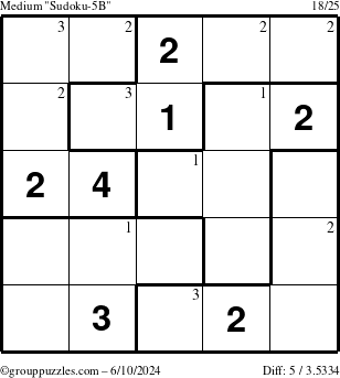 The grouppuzzles.com Medium Sudoku-5B puzzle for Monday June 10, 2024 with the first 3 steps marked