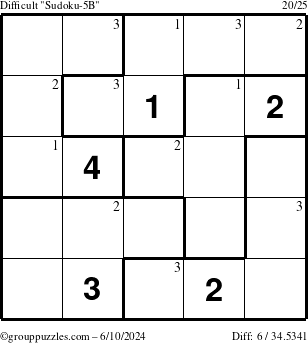 The grouppuzzles.com Difficult Sudoku-5B puzzle for Monday June 10, 2024 with the first 3 steps marked