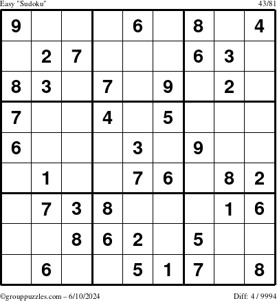 The grouppuzzles.com Easy Sudoku puzzle for Monday June 10, 2024