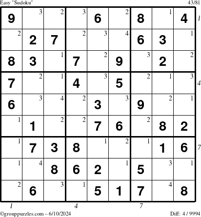 The grouppuzzles.com Easy Sudoku puzzle for Monday June 10, 2024 with all 4 steps marked