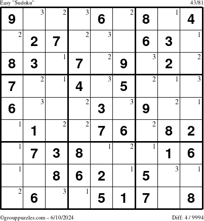 The grouppuzzles.com Easy Sudoku puzzle for Monday June 10, 2024 with the first 3 steps marked