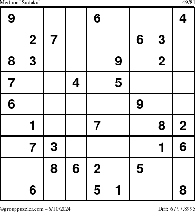 The grouppuzzles.com Medium Sudoku puzzle for Monday June 10, 2024